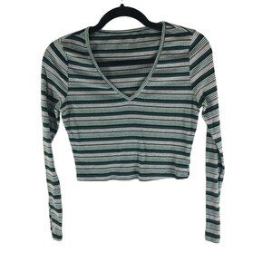 Shein Womens Striped V-Neck Long Sleeve Crop Top Green White Ribbed Size M